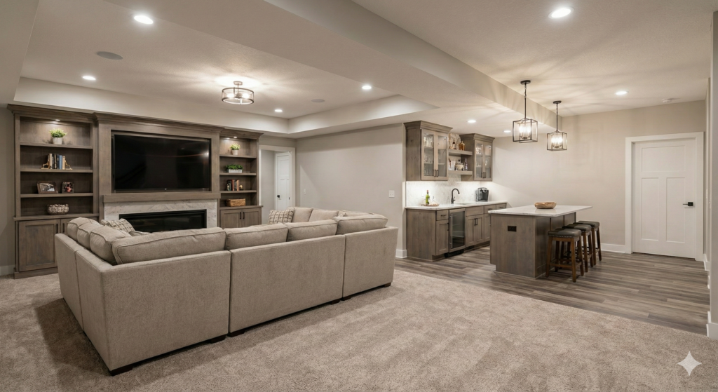 Modern finished basement entertainment room with wet bar and fireplace in Ottawa home.