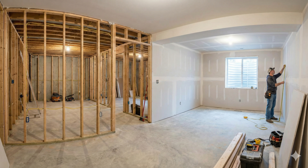 Unfinished basement framing and drywall installation by Ottawa basement renovation contractors.