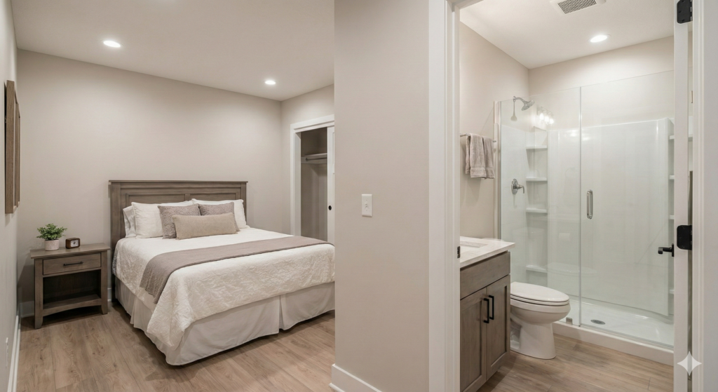 Basement guest suite conversion with bedroom and glass shower bathroom in Ottawa.