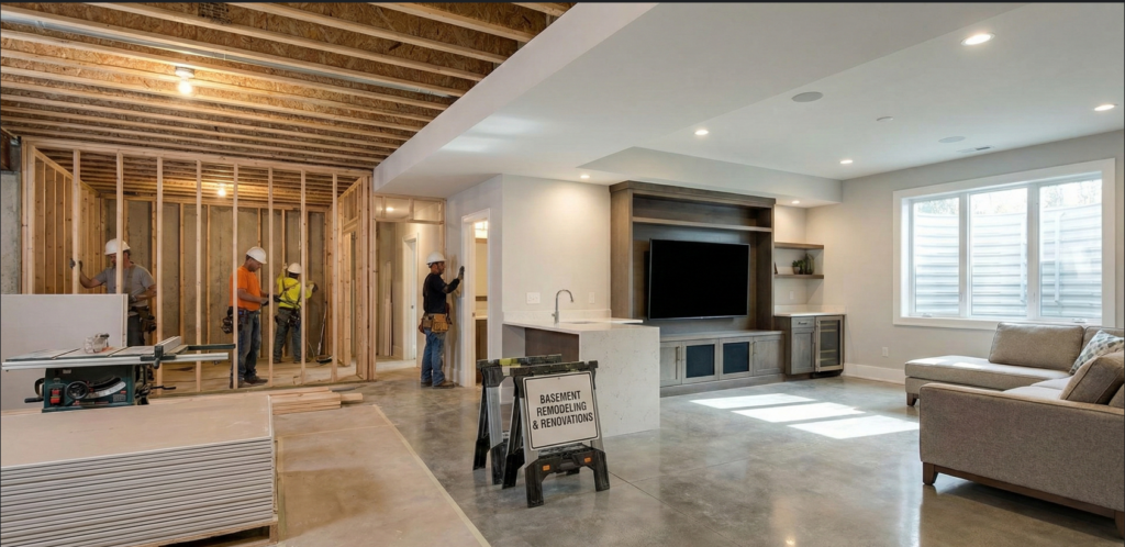 Split-view concept showing an Ottawa basement remodelling project: raw construction framing and workers on the left transitioning into a fully finished modern entertainment room on the right.